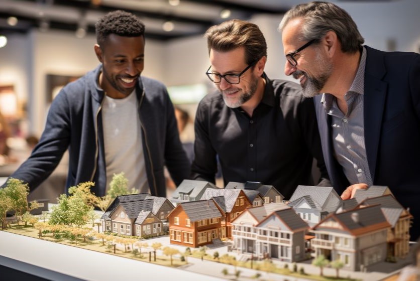 Colleagues look at a three dimensional plan for a neighborhood